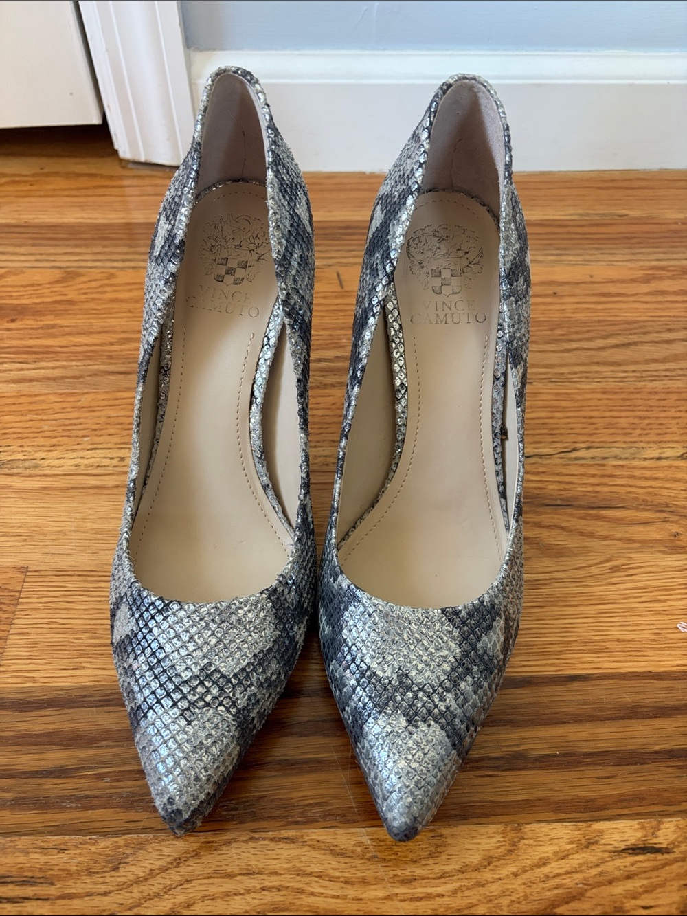 Vince Camuto Gray Snake-Print Pointed Toe Pumps